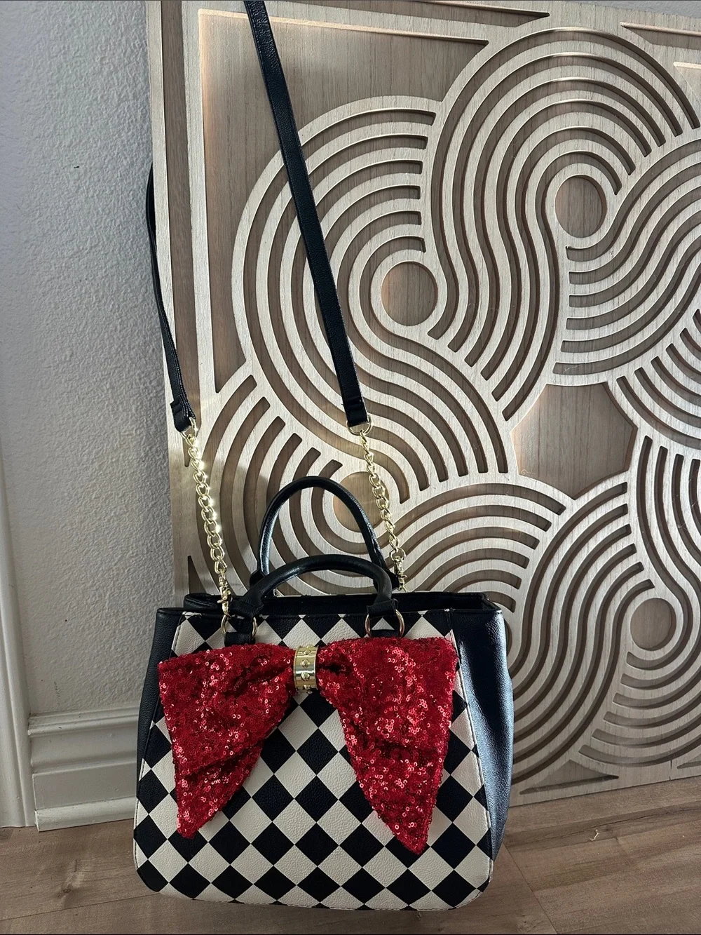 Betsey Johnson Black & White Checker Satchel with Red Sequin Bow